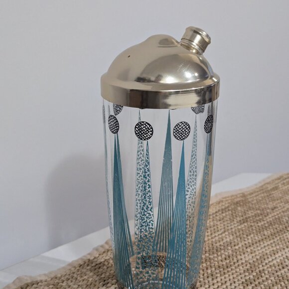 MCM Mid-Century Modern Cocktail Shaker with Aqua and Black Geometric Decoration - Picture 2 of 4